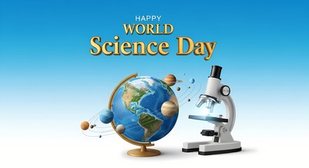 Celebrating world science day with a globe, planets, and microscope for educational projects and awareness