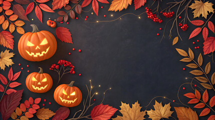 autumn halloween with glowing pumpkins, colorful leaves, and berries border