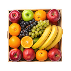 Assortment of fresh fruits in a wooden box featuring apples bananas grapes oranges lemons and kiwis for a healthy snack isolated on transparent background 