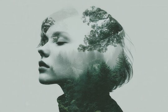 Profile of pensive woman with double exposure of evergreen forest landscape