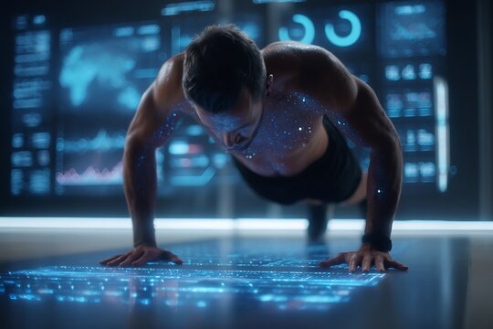 Muscular man performing pushups with futuristic glowing data overlay, symbolizing advanced fitness and technology integration - Powered by Adobe