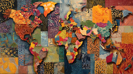 Colorful world map collage with diverse patterns and textures abstract