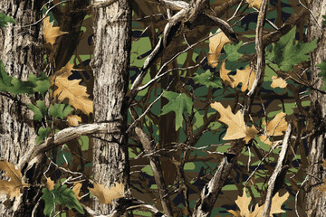 Hunting camouflage modern pattern, vector military print. real tree forest camouflage seamless pattern. Forest branches vector camouflage background