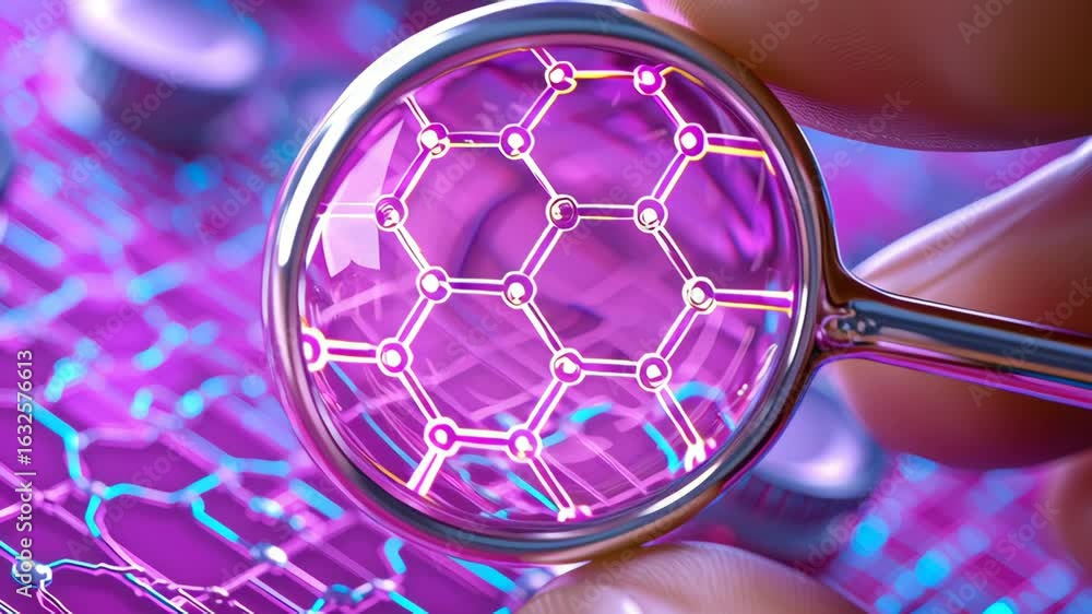 Poster magnifying glass reveals colorful design with intricate hexagonal patterns vibrant circuit board, sh