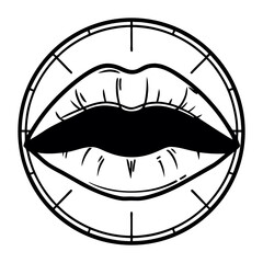 Lips inside a clock isolated on white background, black and white illustration
