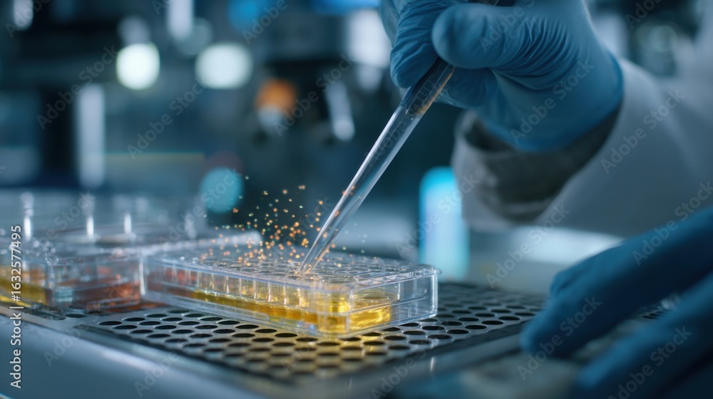 Poster a scientist extracting samples from a bioreactor their focus intense as they prepare to analyze the 