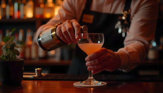 Counter, alcohol and hands of waiter with glass for customer service, order and hospitality. Nightclub, pub and bartender pour drinks, beverage and liquid for serving people created with generative ai - Powered by Adobe