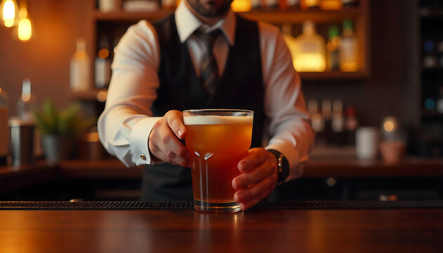 Counter, alcohol and hands of waiter with glass for customer service, order and hospitality. Nightclub, pub and bartender pour drinks, beverage and liquid for serving people created with generative ai