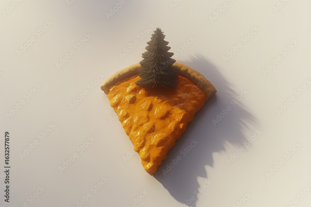 Poster a slice of pizza with a miniature fir tree on top.