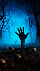 Dark haunted forest at night with bare twisted trees and dense blue mist. In the center, a single decayed zombie hand rising from the ground, surrounded by scattered human skulls.