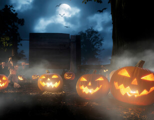 Spooky Halloween night scene with many carved glowing jack-o'-lanterns on a misty field, each pumpkin with scary and mischievous faces. Dramatic lighting, cinematic atmosphere, eerie mood.