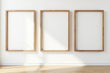 Fototapeta premium Three empty rustic wooden frames on white wall, empty space, gallery