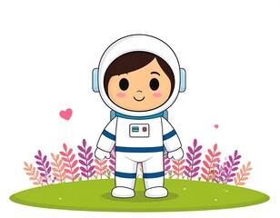 Cute astronaut girl in a cartoon style, standing on a grassy hill with flowers