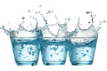 Three glasses of clear water splashing dynamically against a black background