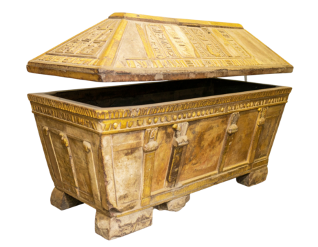Ancient Egyptian Sarcophagus with Open Lid and Intricate Hieroglyphs, Side View, Isolated on Transparent Background