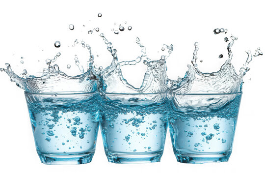 Three glasses of clear water splashing dynamically against a black background