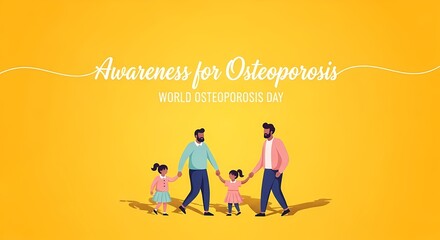 World osteoporosis day awareness with family illustration on vibrant yellow background for health promotion