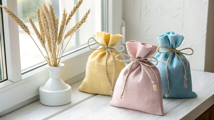 Three pastel burlap gift bags with wheat stalks pastel pink