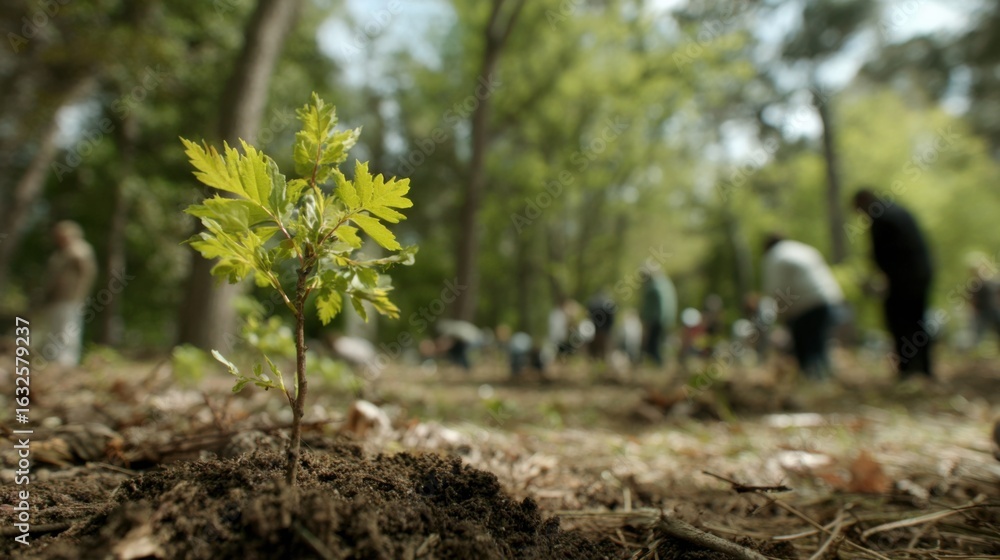 Poster medium shot capturing a single memorial tree standing tall with fresh leaves sharply in focus while 
