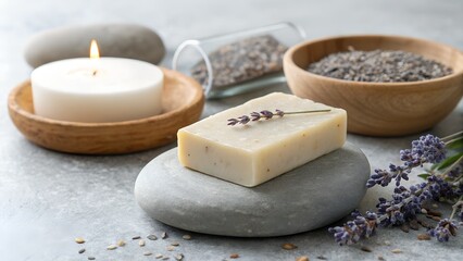 Artisanal soap with lavender and lit candle on stones