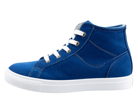Classic Blue Denim Sneaker Shoe with White Sole, Side View, Isolated on Transparent Background