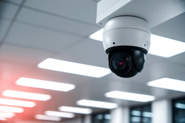 Security surveillance camera mounted on a white ceiling providing safety and protection for modern business and home environments
