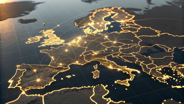 Glowing Map of Europe with City Lights and Connections