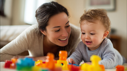 Naklejka premium Happy Mother and Daughter Playing Together Indoors with Colourful Toys. Ai gen. 