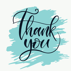 Thank you script text with blue paint strokes lettering