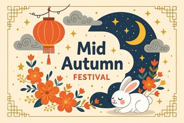 Mid-autumn festival design with happy white rabbit, hanging red lanterns, glowing stars, orange flowers, crescent moon and night sky in festive cartoon style perfect for asian celebration visuals