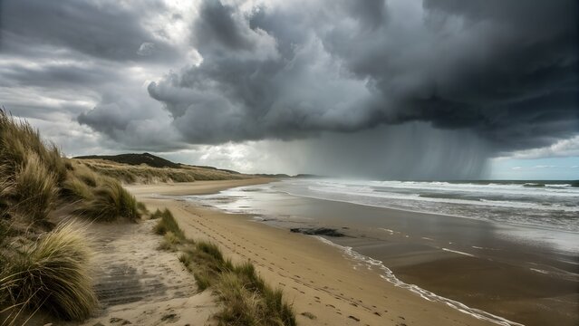 Stormy beach with heavy rain clouds and ocean waves