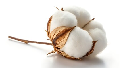 Close up of a fluffy white cotton boll on a stem against a white background