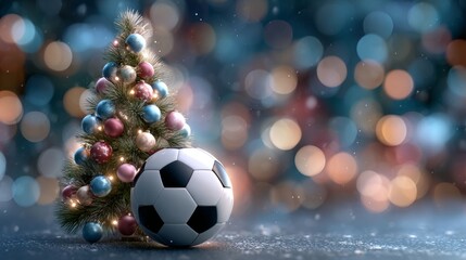 Fototapeta premium Soccer ball and Christmas tree with bokeh effect. Christmas and New Year concept with space for text.