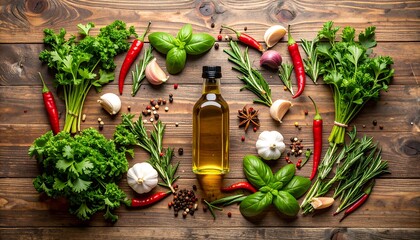 Herb & Spice Flat Lay with Olive Oil.