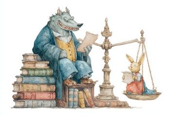 A children's book-style watercolor illustration of a justice scale in a fairy-tale courtroom. On one side, a giant, grinning wolf in a judge's robe sits on stacks of law books, while on the other side