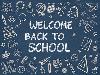 Back to School Banner with White Line Art Doodles on Dark Chalkboard