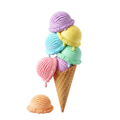 Pastel ice cream scoops stacked in waffle cone with extra scoop isolated on a transparent background png, cut out, clipping path, social media, Advertisement, high quality, HD photo, close up.