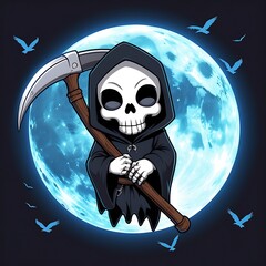 Scary grim reaper character illustration with cartoon style skull face and cloak holding a scythe, perfect for halloween posters, horror graphics, spooky event designs and fantasy themes