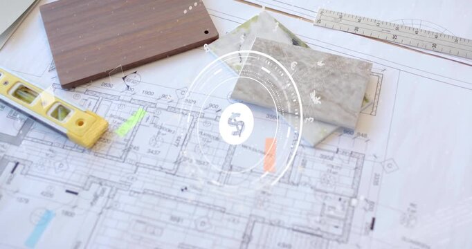 Upon blueprint focus, digital dollar overlay spinning with currency icons for budget insight