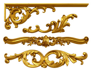 Elegant Set of Ornate Golden Corner Decorations Isolated on Transparent Background