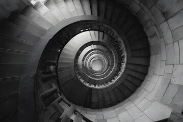 Captivating spiral staircase plunges into mysterious depths, showcasing timeless architectural grandeur and dramatic monochrome perspective