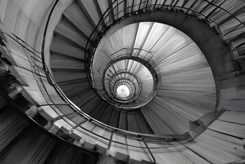 Captivating monochrome spiral staircase descends into bright light, symbolizing journey and progress with dramatic architectural lines.