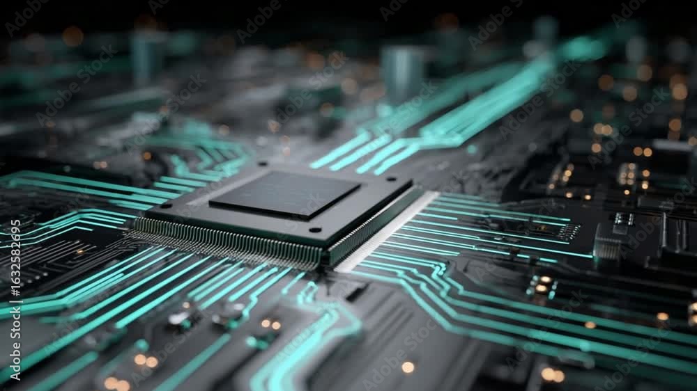 Poster close-up view of a circuit board with a central processor chip