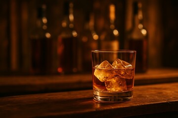 Warm ambiance of whiskey on the rocks in cozy bar setting during evening hours
