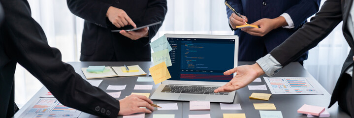 Analyst team use sticky note for creative and analytic brainstorm for business idea with BI data...