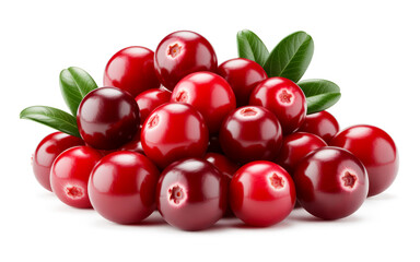Pile of fresh red cranberries with green leaves fruit