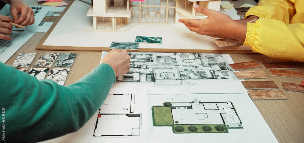 Poster a vibrant workspace featuring a collaborative design session focused on modern architecture, showcas