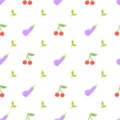 Seamless Pattern with Cherries and Eggplants Seamless