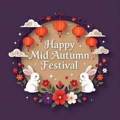 Mid-autumn festival artwork with two white rabbits sitting among blooming orange flowers, lush green leaves, and night sky stars in traditional chinese moon celebration cartoon-style illustration