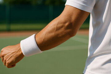 Close up of a tennis player's arm with a white wristband on a green tennis court background outdoors